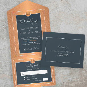 Invitación Todo En Uno Elegante boda clásico de oro de cobre de la marina