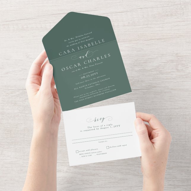 Invitación Todo En Uno Elegante boda clásico moderno sabio verde (desgarro)