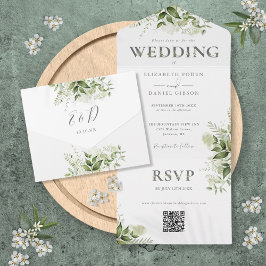 Invitación Todo En Uno Elegante Boda Código QR de Vegetación Rústica