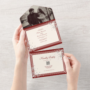 Invitación Todo En Uno Elegante Boda Código QR Foto Marfil Borgoña