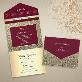 Invitación Todo En Uno Elegante Boda con Brillo Dorado y Burgundy