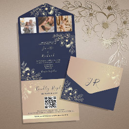 Invitación Todo En Uno Elegante Boda con Código QR de Foto en Azul Marino