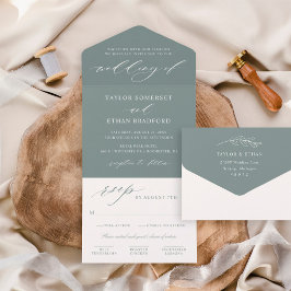 Invitación Todo En Uno Elegante Boda con Letra de Eucalipto Polvoriento