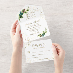 Invitación Todo En Uno Elegante Boda cristiano de la vegetación forestal