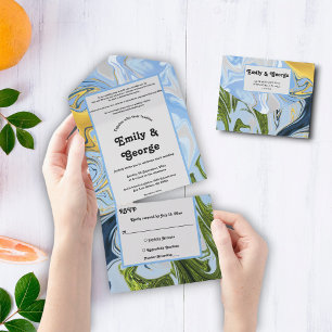 Invitación Todo En Uno Elegante Boda de abstracto azul amarillo verde min