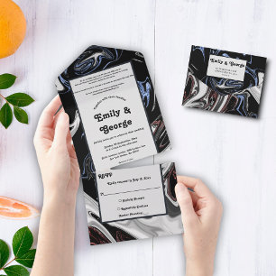 Invitación Todo En Uno Elegante Boda de abstracto azul blanco negro minim