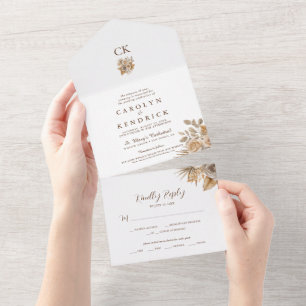 Invitación Todo En Uno Elegante Boda de Acentos Florales Neutrales Boho