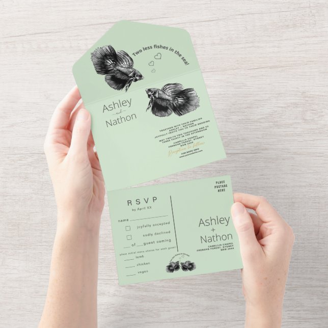 Invitación Todo En Uno Elegante Boda de acuarela costera de sabio negro (desgarro)