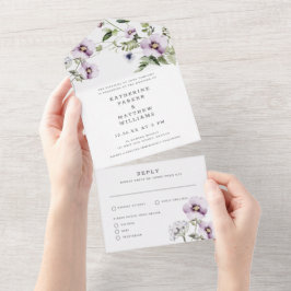 Invitación Todo En Uno Elegante Boda de acuarela de color violeta pansy f