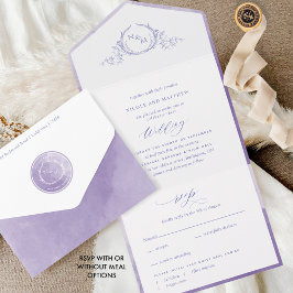 Invitación Todo En Uno Elegante Boda de acuarela de lavanda monograma Lil