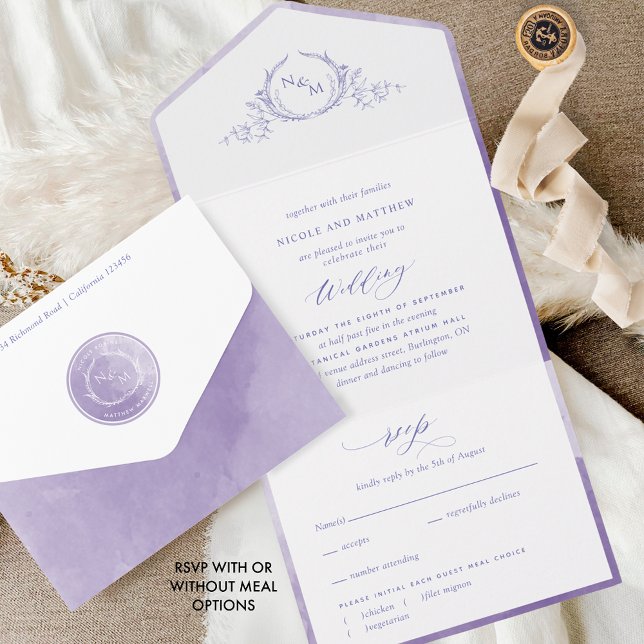 Invitación Todo En Uno Elegante Boda de acuarela de lavanda monograma Lil (Subido por el creador)