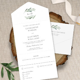Invitación Todo En Uno Elegante Boda de acuarela de rama de olivo rústico