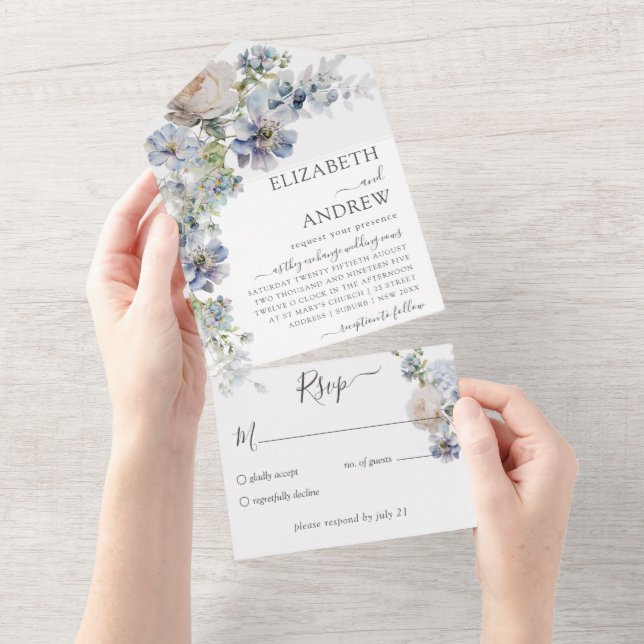 Invitación Todo En Uno Elegante Boda de acuarela floral (desgarro)
