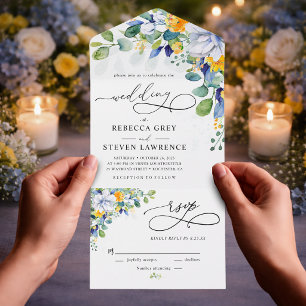 Invitación Todo En Uno Elegante boda de acuarela floral amarilla y azul