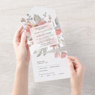 Invitación Todo En Uno Elegante Boda de acuarela floral gris rosa