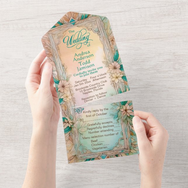 Invitación Todo En Uno Elegante boda de acuarela floral suave y suave (desgarro)