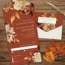 Invitación Todo En Uno Elegante Boda de acuarela otoño Flora Terracotta