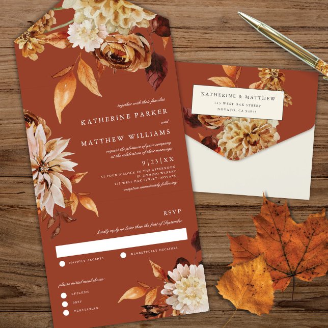 Invitación Todo En Uno Elegante Boda de acuarela otoño Flora Terracotta (Subido por el creador)