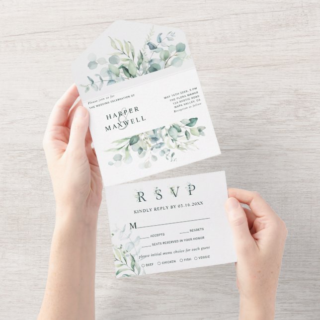 Invitación Todo En Uno Elegante Boda de acuarela verde oliage (desgarro)