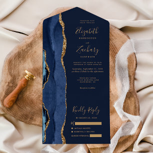 Invitación Todo En Uno Elegante Boda de Ágata Azul Marino y Oro