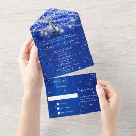 Invitación Todo En Uno Elegante Boda de Árbol de Hoja de Corazón Azul Rea