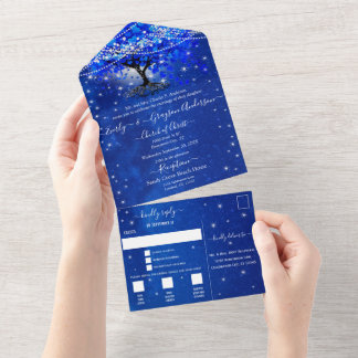 Invitación Todo En Uno Elegante Boda de Árbol de Hoja de Corazón Azul Rea