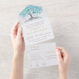 Invitación Todo En Uno Elegante Boda de árbol de hojas de corazón azul Aq