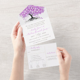 Invitación Todo En Uno Elegante Boda de árbol de hojas de corazón púrpura