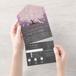 Invitación Todo En Uno Elegante Boda de árbol de hojas de corazón rosado