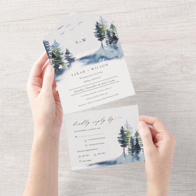 Invitación Todo En Uno Elegante Boda de Aves Forestales de Pino Azul Verd (desgarro)