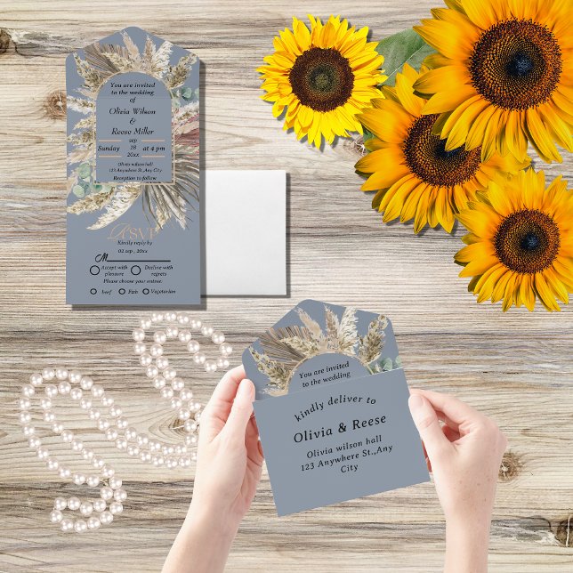Invitación Todo En Uno Elegante boda de boho azul polvoriento (Subido por el creador)