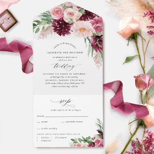Invitación Todo En Uno Elegante Boda de Boho floral Borgoña Rosa Rubor Fl