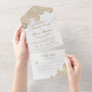Invitación Todo En Uno Elegante Boda de borde de encaje de oro crema con