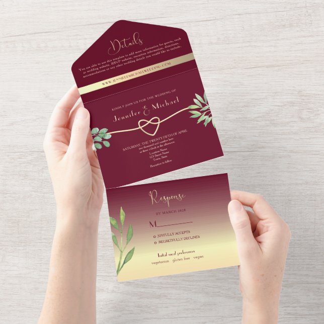 Invitación Todo En Uno Elegante Boda de Borgoña (desgarro)