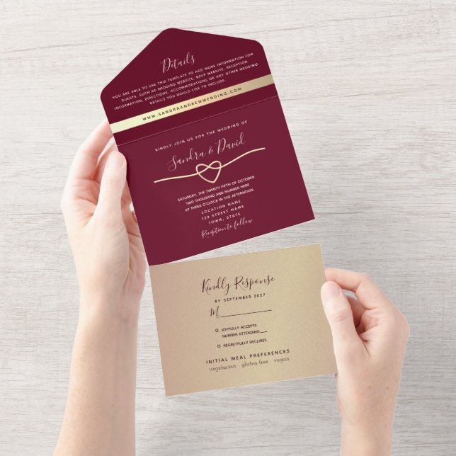 Invitación Todo En Uno Elegante Boda de Borgoña (desgarro)