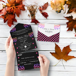 Invitación Todo En Uno Elegante Boda de Caída de Hojas Brillantes Negra Y