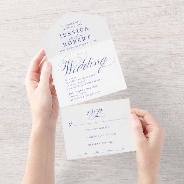 Invitación Todo En Uno Elegante Boda de caligrafía azul y blanca (desgarro)