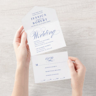 Invitación Todo En Uno Elegante Boda de caligrafía azul y blanca