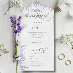 Invitación Todo En Uno Elegante Boda de caligrafía de lavanda floral