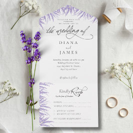 Invitación Todo En Uno Elegante Boda de caligrafía de lavanda floral