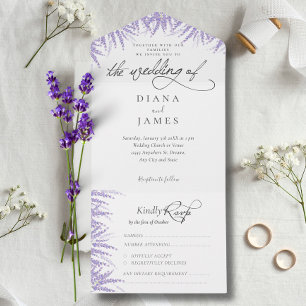 Invitación Todo En Uno Elegante Boda de caligrafía de lavanda floral