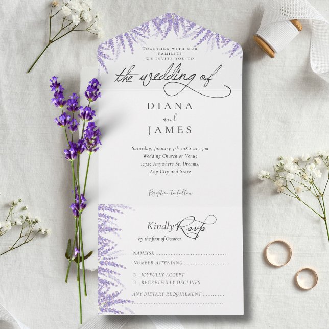 Invitación Todo En Uno Elegante Boda de caligrafía de lavanda floral (Subido por el creador)