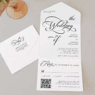 Invitación Todo En Uno Elegante Boda de caligrafía elegante negro y blanc