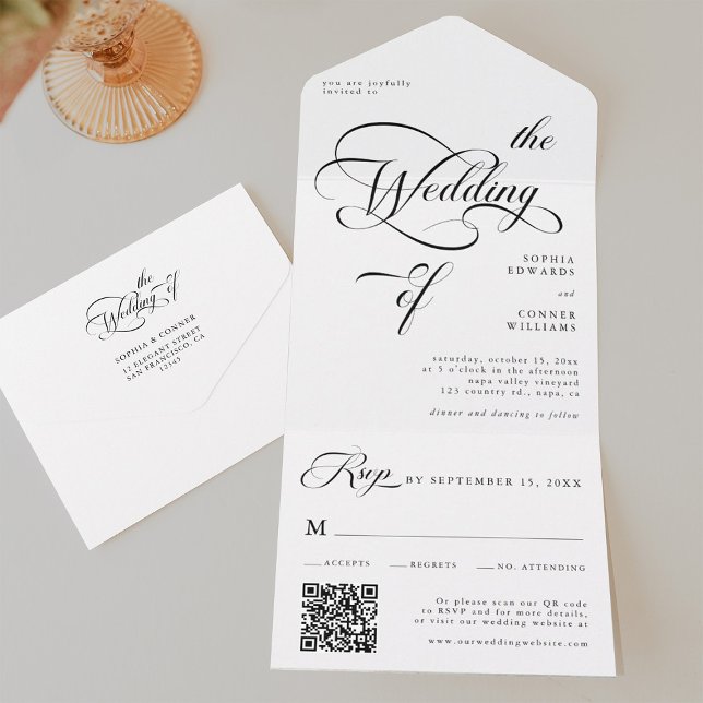 Invitación Todo En Uno Elegante Boda de caligrafía elegante negro y blanc (Inside & Back)