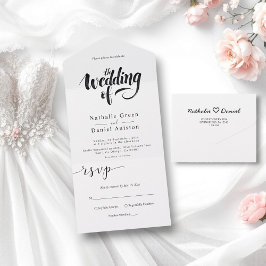 Invitación Todo En Uno Elegante Boda de caligrafía en blanco y negro