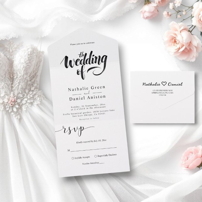 Invitación Todo En Uno Elegante Boda de caligrafía en blanco y negro (Subido por el creador)