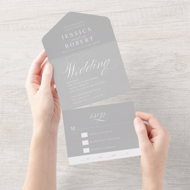 Invitación Todo En Uno Elegante Boda de caligrafía gris y blanco (desgarro)