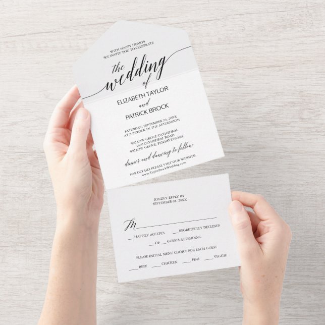 Invitación Todo En Uno Elegante Boda de caligrafía negra (desgarro)