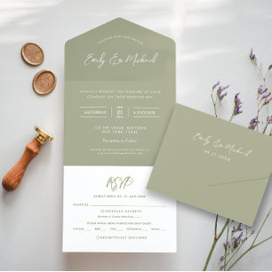 Invitación Todo En Uno Elegante Boda de caligrafía verde sabana