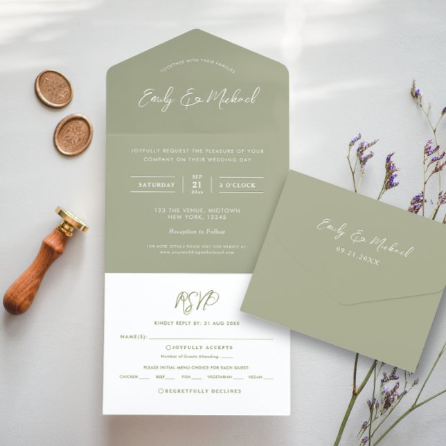 Invitación Todo En Uno Elegante Boda de caligrafía verde sabana (Subido por el creador)
